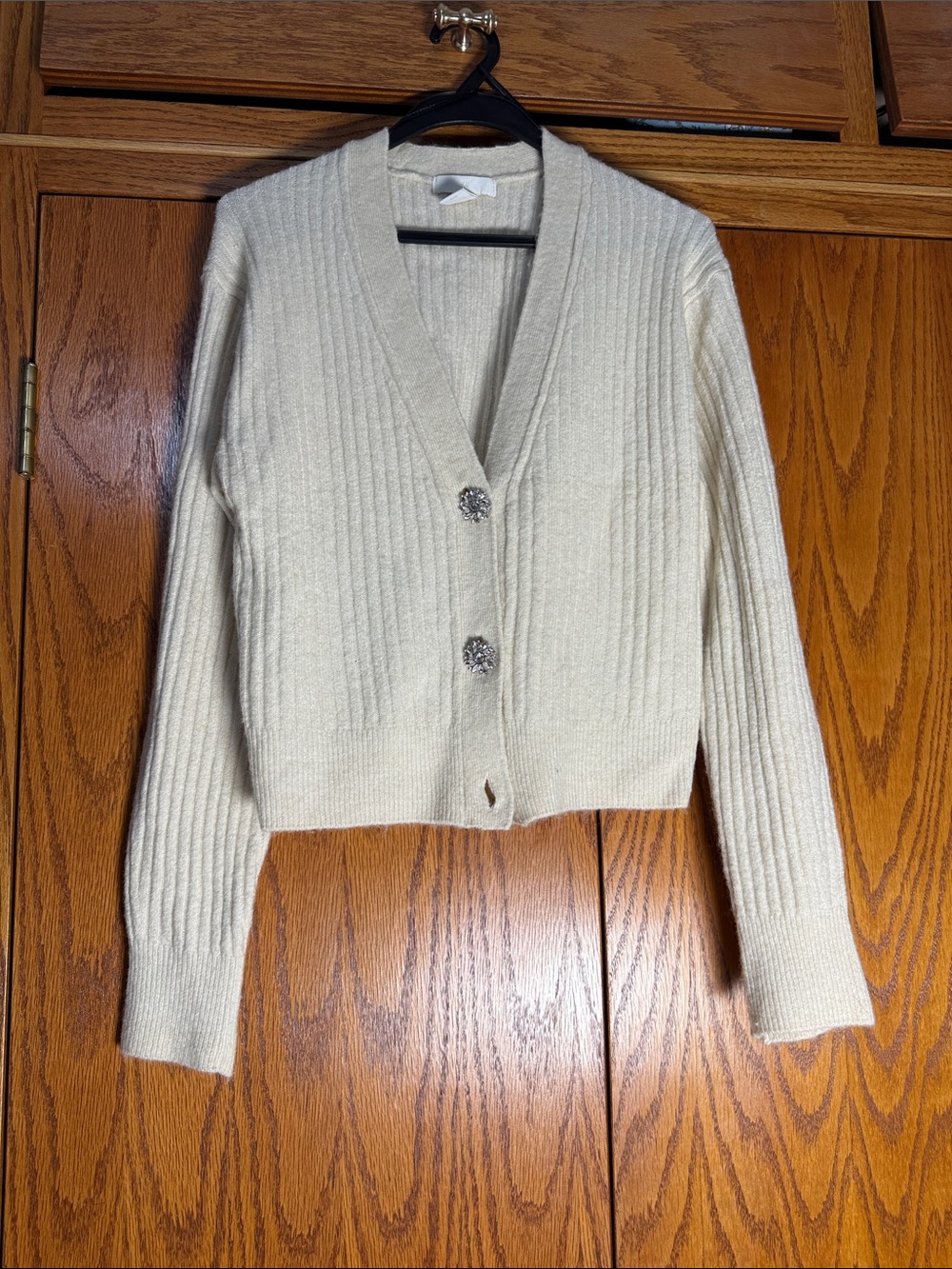 H&M Cream Ribbed V-Neck Cardigan with Jeweled Buttons